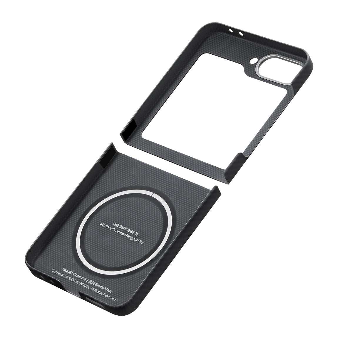 Galaxy Z Flip 6 Kılıf Magsafe Şarj Özellikli 600D Aramid Fiber Pitaka Ultra-Slim Classic Serisi Black-Grey Twill Kılıf Siyah-Gri