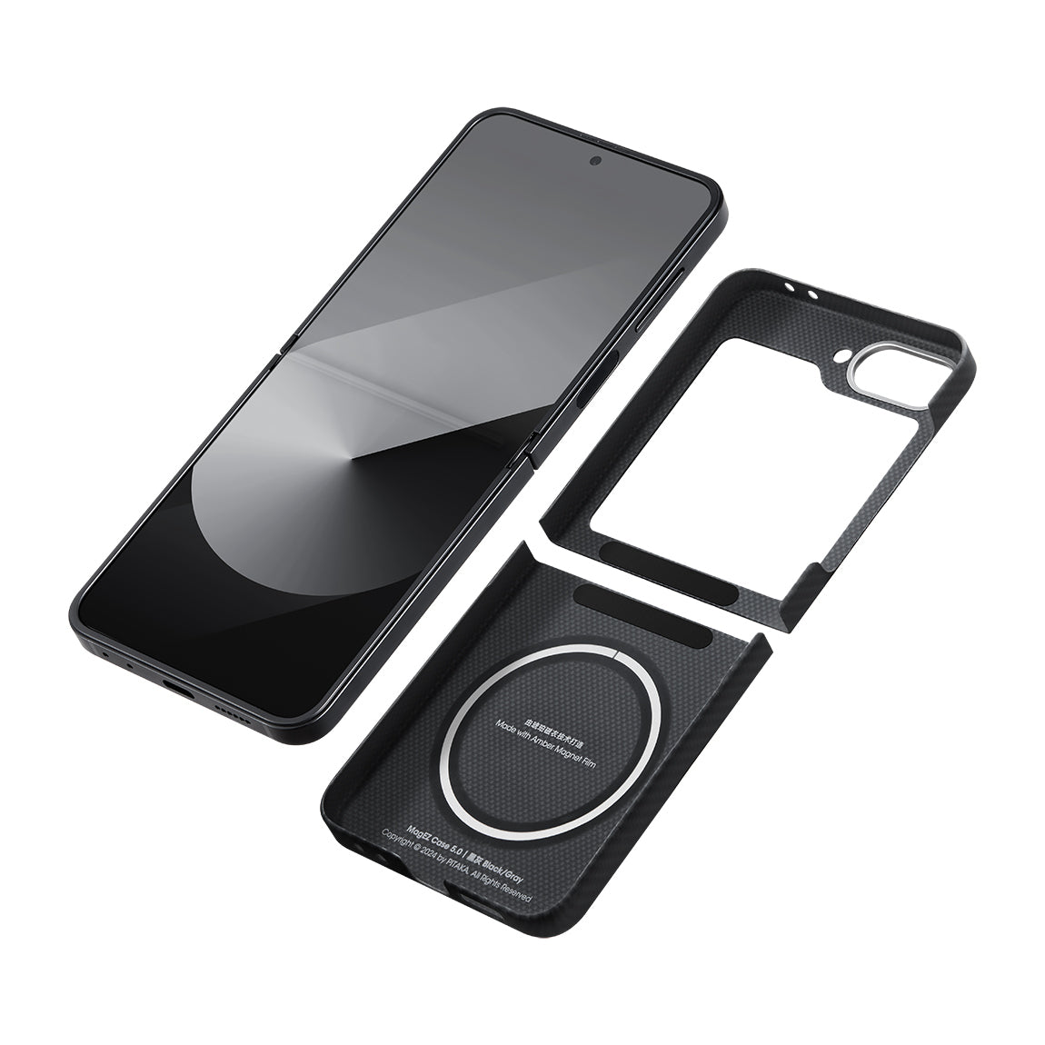 Galaxy Z Flip 6 Kılıf Magsafe Şarj Özellikli 600D Aramid Fiber Pitaka Ultra-Slim Classic Serisi Black-Grey Twill Kılıf Siyah-Gri