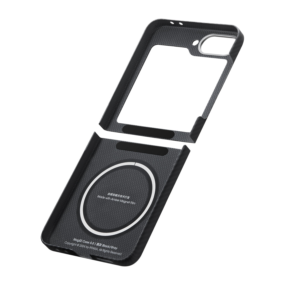 Galaxy Z Flip 6 Kılıf Magsafe Şarj Özellikli 600D Aramid Fiber Pitaka Ultra-Slim Classic Serisi Black-Grey Twill Kılıf Siyah-Gri