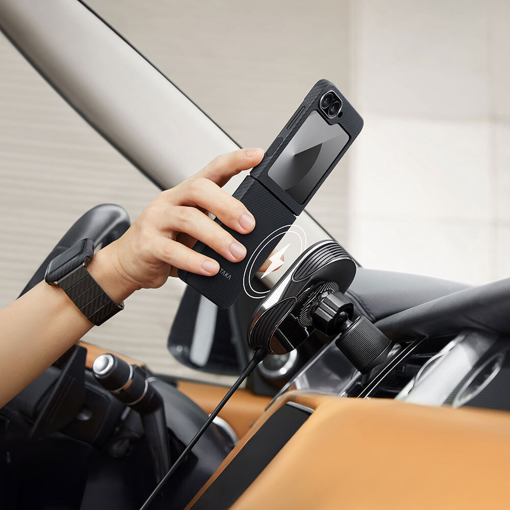 Galaxy Z Flip 6 Kılıf Magsafe Şarj Özellikli 600D Aramid Fiber Pitaka Ultra-Slim Classic Serisi Black-Grey Twill Kılıf Siyah-Gri