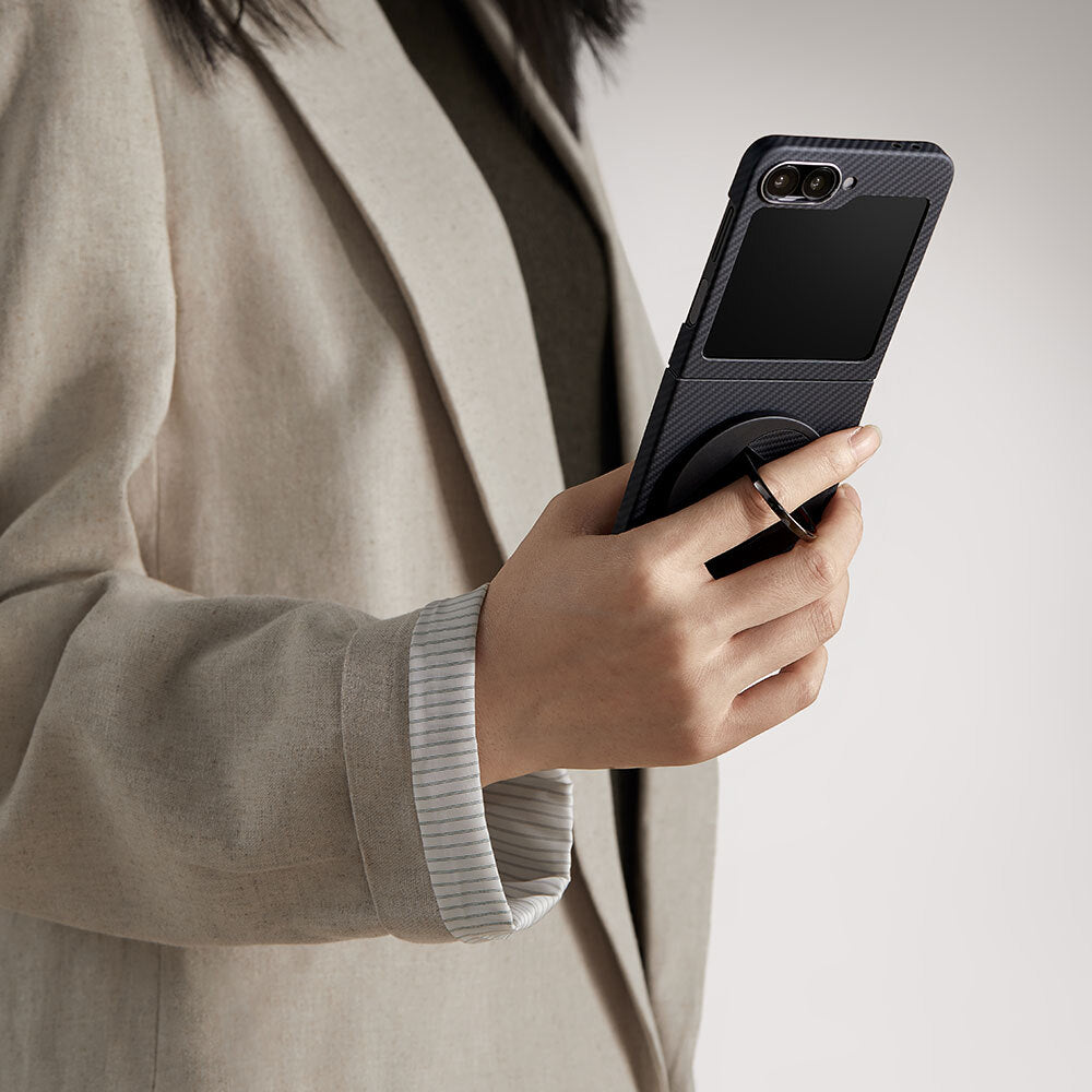 Galaxy Z Flip 6 Kılıf Magsafe Şarj Özellikli 600D Aramid Fiber Pitaka Ultra-Slim Classic Serisi Black-Grey Twill Kılıf Siyah-Gri