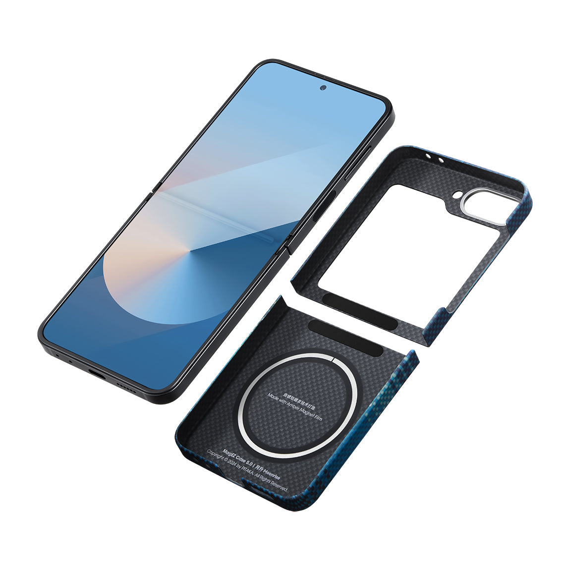 Galaxy Z Flip 6 Kılıf Magsafe Şarj Özellikli Aramid Fiber Pitaka Tactile Woven Sunset-Moonrise Serisi Moonrise Kılıf Mavi