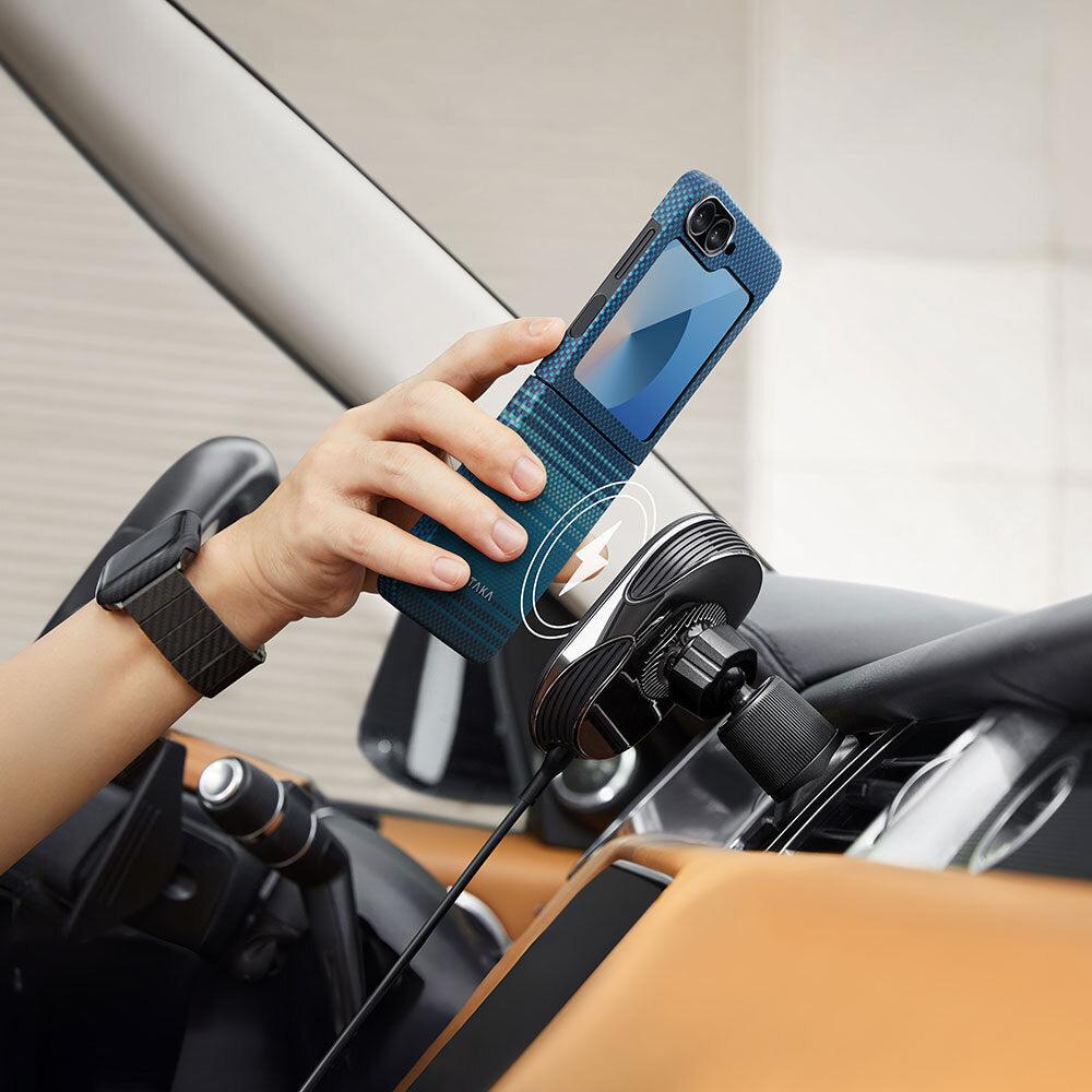 Galaxy Z Flip 6 Kılıf Magsafe Şarj Özellikli Aramid Fiber Pitaka Tactile Woven Sunset-Moonrise Serisi Moonrise Kılıf Mavi