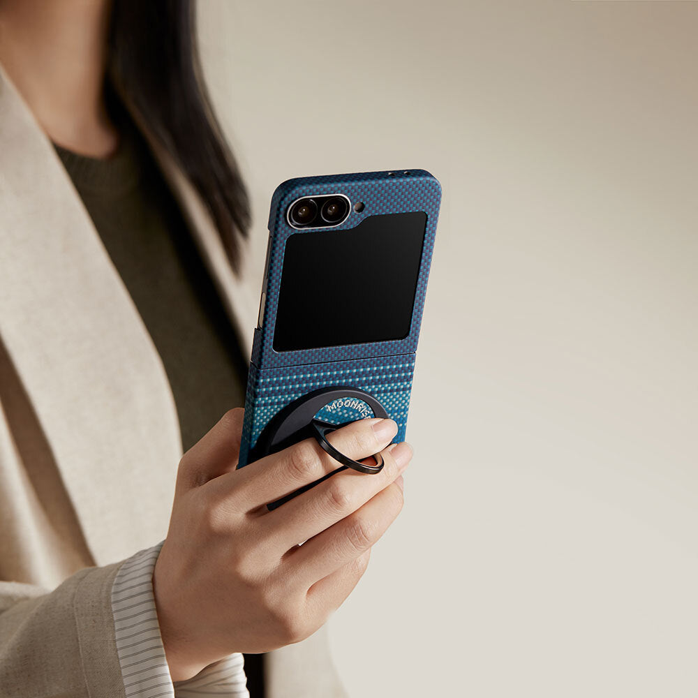 Galaxy Z Flip 6 Kılıf Magsafe Şarj Özellikli Aramid Fiber Pitaka Tactile Woven Sunset-Moonrise Serisi Moonrise Kılıf Mavi