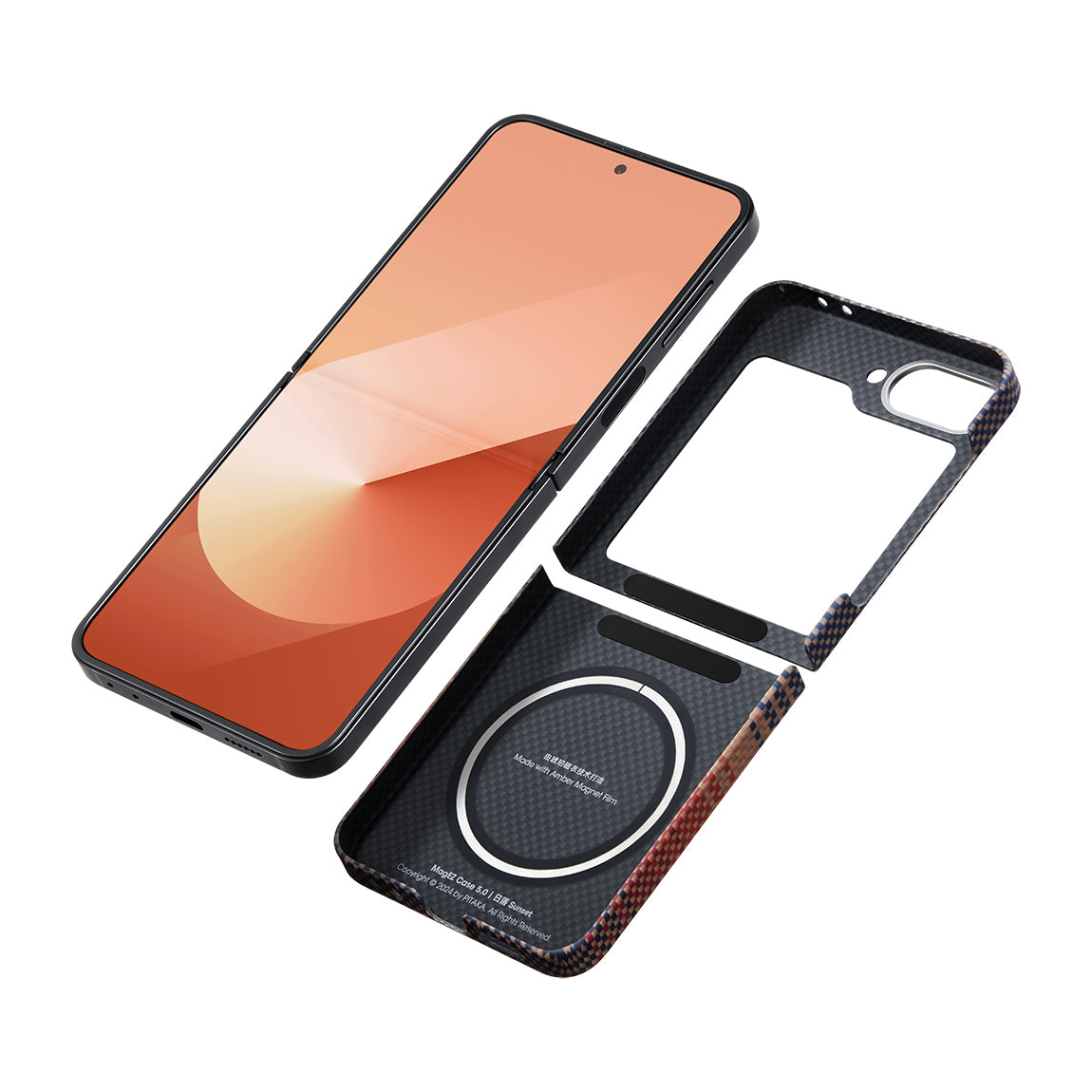 Galaxy Z Flip 6 Kılıf Magsafe Şarj Özellikli Aramid Fiber Pitaka Tactile Woven Sunset-Moonrise Serisi Sunset Kılıf Kahverengi