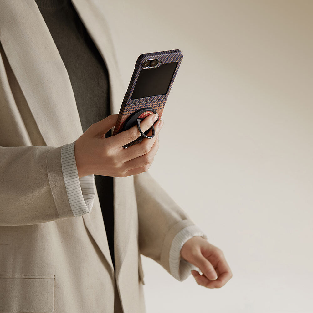 Galaxy Z Flip 6 Kılıf Magsafe Şarj Özellikli Aramid Fiber Pitaka Tactile Woven Sunset-Moonrise Serisi Sunset Kılıf Kahverengi