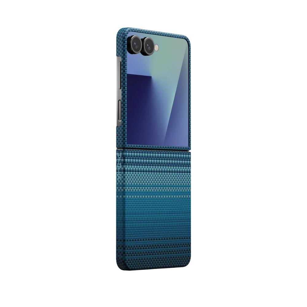 Galaxy Z Flip 7 Kılıf M-safe Şarj Özellikli Aramid Fiber Pitaka Tactile Woven Sunset-Moonrise Serisi Kapak Mavi
