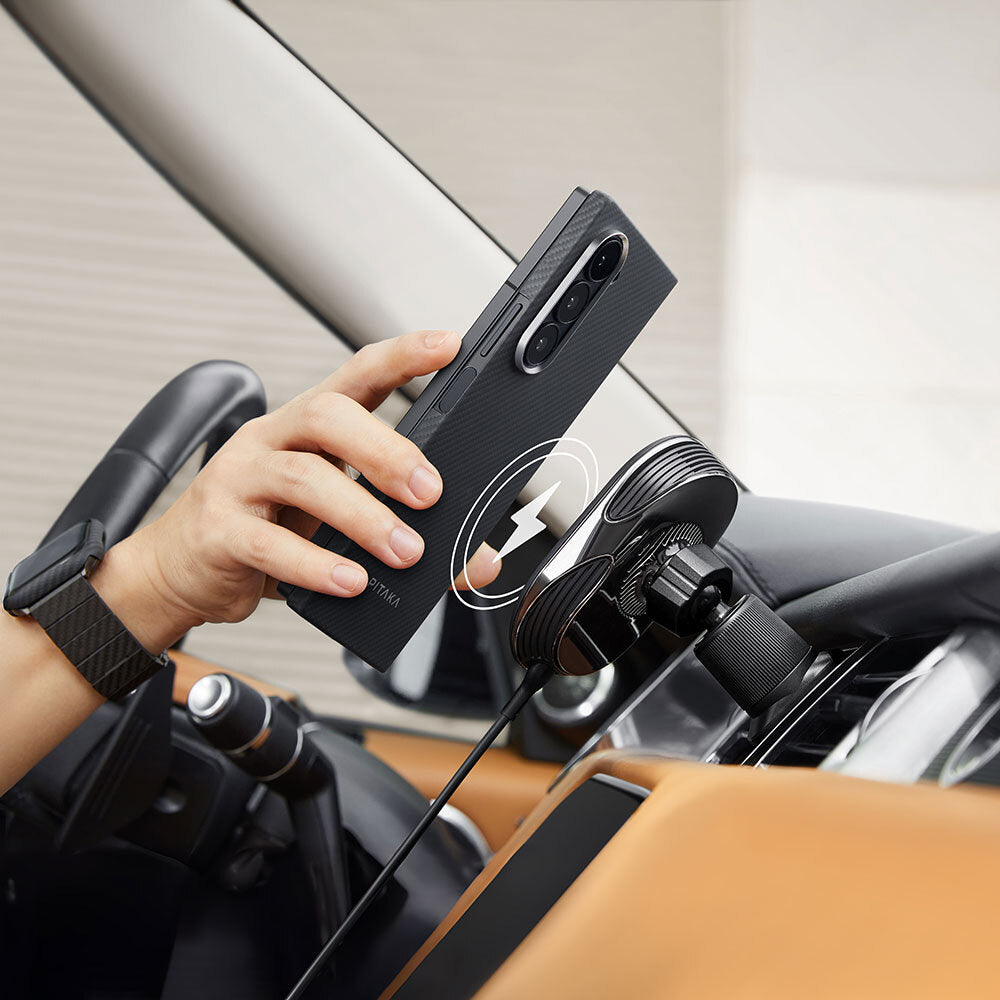 Galaxy Z Fold 6 Kılıf Magsafe Şarj Özellikli 600D Aramid Fiber Pitaka Ultra-Slim Classic Serisi Black-Grey Twill Kılıf Siyah-Gri