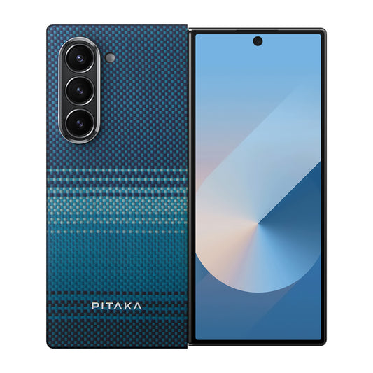 Galaxy Z Fold 6 Kılıf Magsafe Şarj Özellikli Aramid Fiber Pitaka Tactile Woven Sunset-Moonrise Serisi Moonrise Kılıf Mavi
