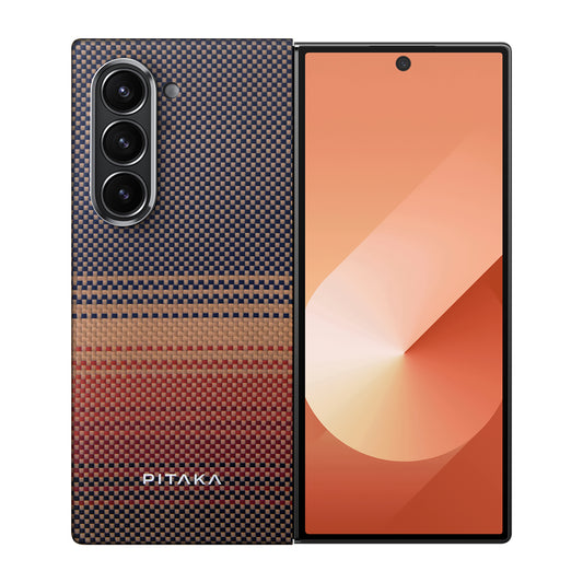 Galaxy Z Fold 6 Kılıf Magsafe Şarj Özellikli Aramid Fiber Pitaka Tactile Woven Sunset-Moonrise Serisi Sunset Kılıf Kahverengi