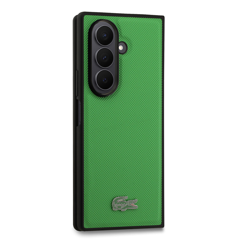 Galaxy Z Fold 7 Kılıf Lacoste Orjinal Lisanslı M-safe Şarj Özellikli Pike Desenli Arka Yüzey İkonik Timsah Metal Logolu Kapak Siyah