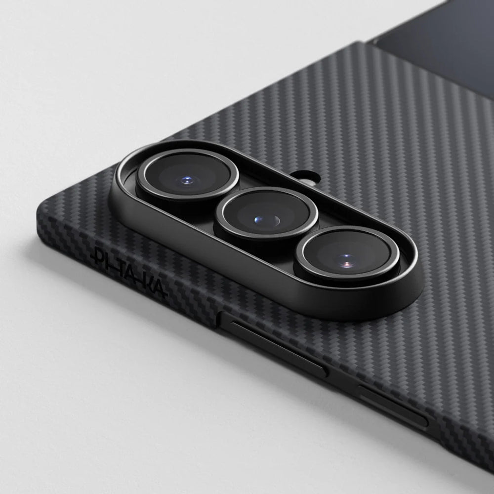 Galaxy Z Fold 7 Kılıf M-safe Şarj Özellikli 600D Aramid Fiber Pitaka Ultra-Slim Classic Serisi Black-Grey Twill Kapak Siyah-Gri