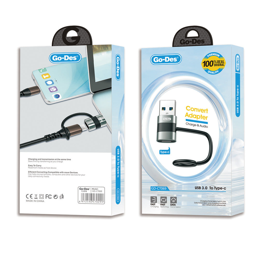 Go-Des GD-CT069 USB 3.0 to Type-C Data Ve Hızlı Şarj Adaptörü Siyah