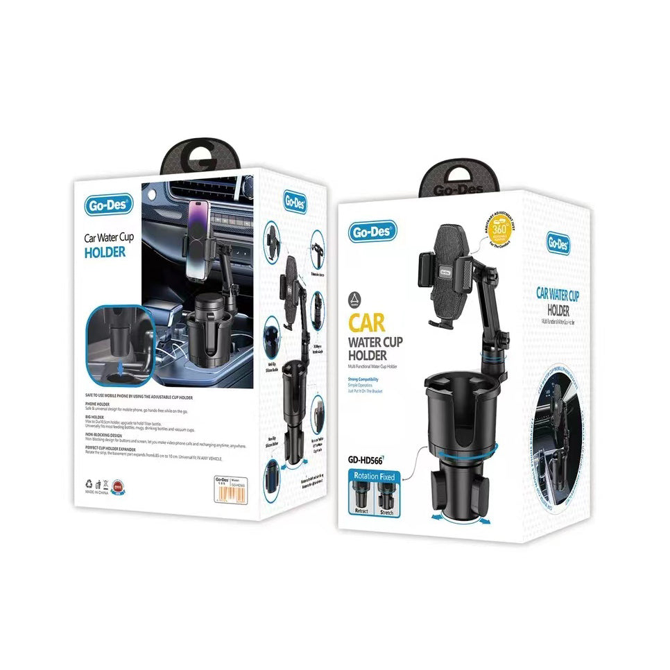 Go Des GD-HD566 360 Derece Dönebilen 2 in 1 Araç Telefon Tutucu Ve Bardak Tutucu Siyah