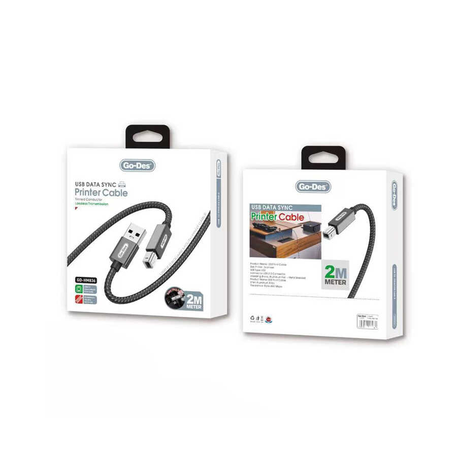 Go Des GD-HM836 USB-A to USB-B 2.0 Örgülü Yazıcı Kablosu 2M Siyah