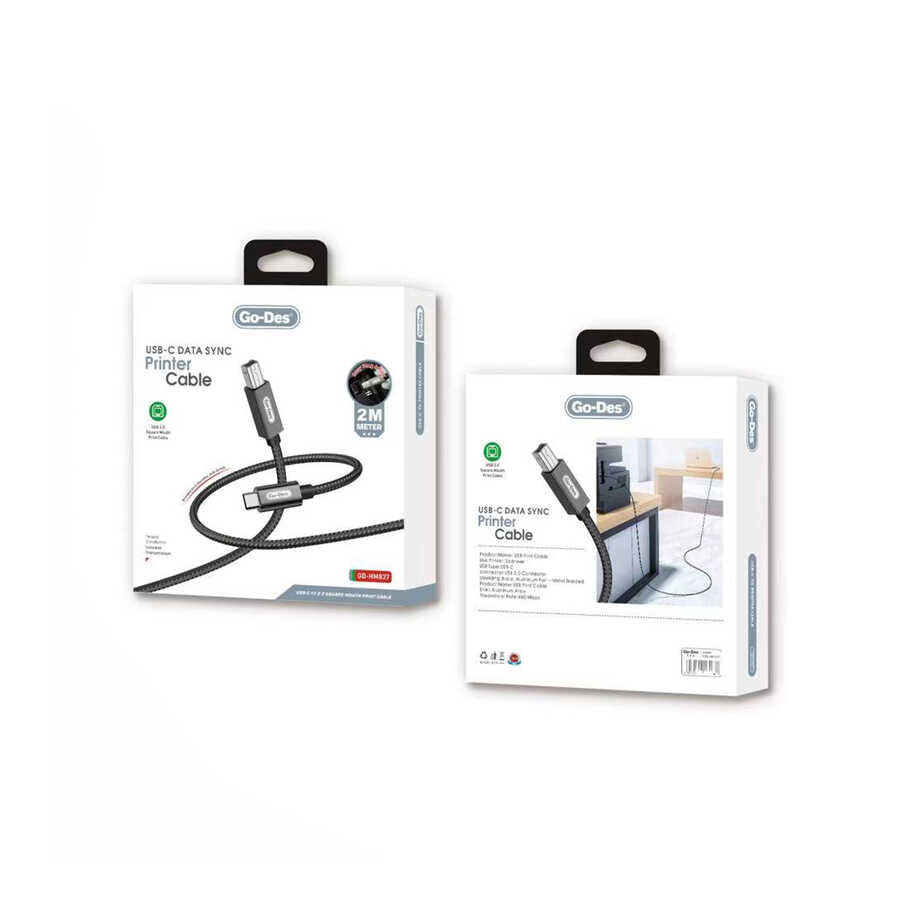 Go Des GD-HM837 Type-C to USB-B 2.0 Örgülü Yazıcı Kablosu 2M Siyah