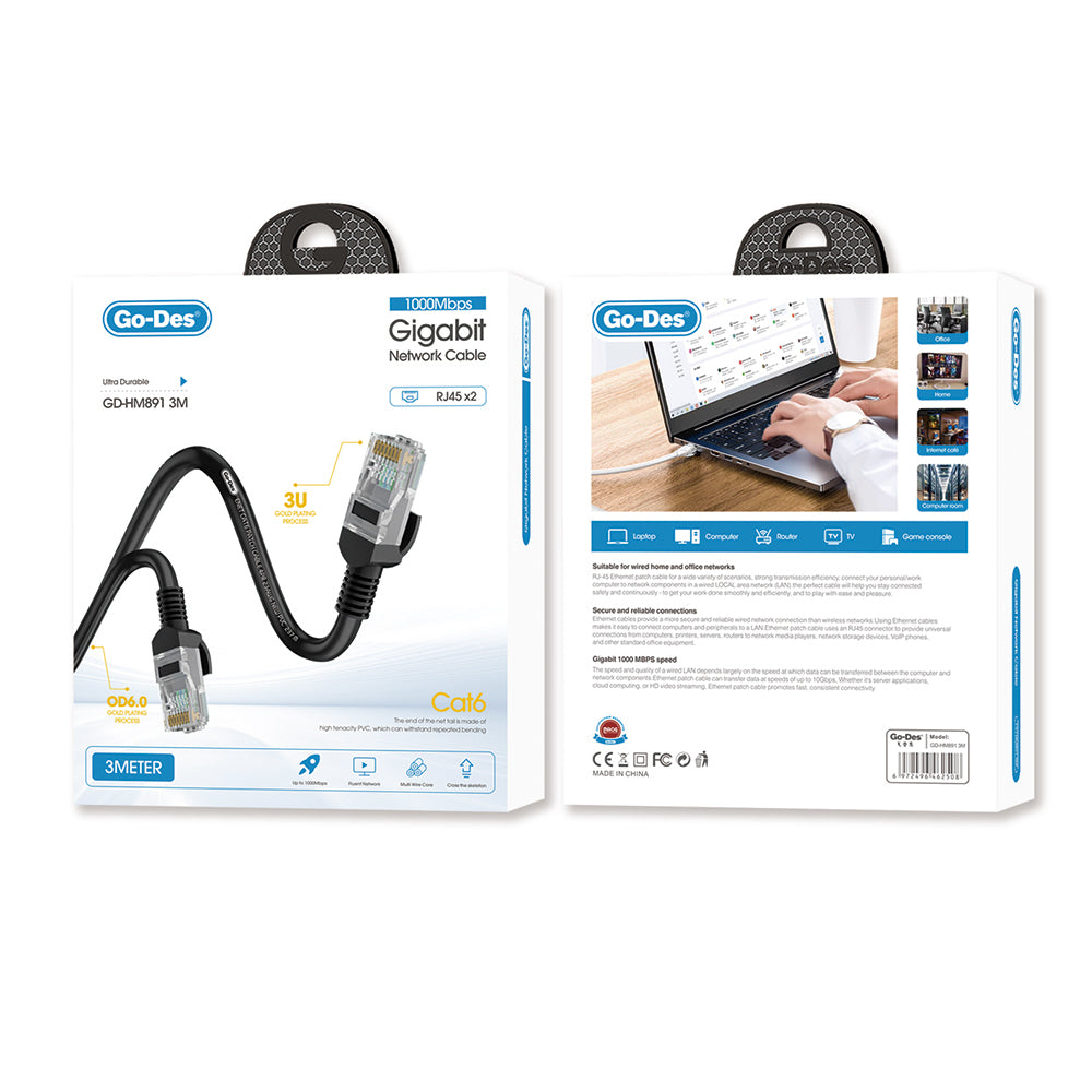 Go Des GD-HM891 1000Mbps Aktarım Hızlı RJ45 Ethernet Kablosu 3M Siyah