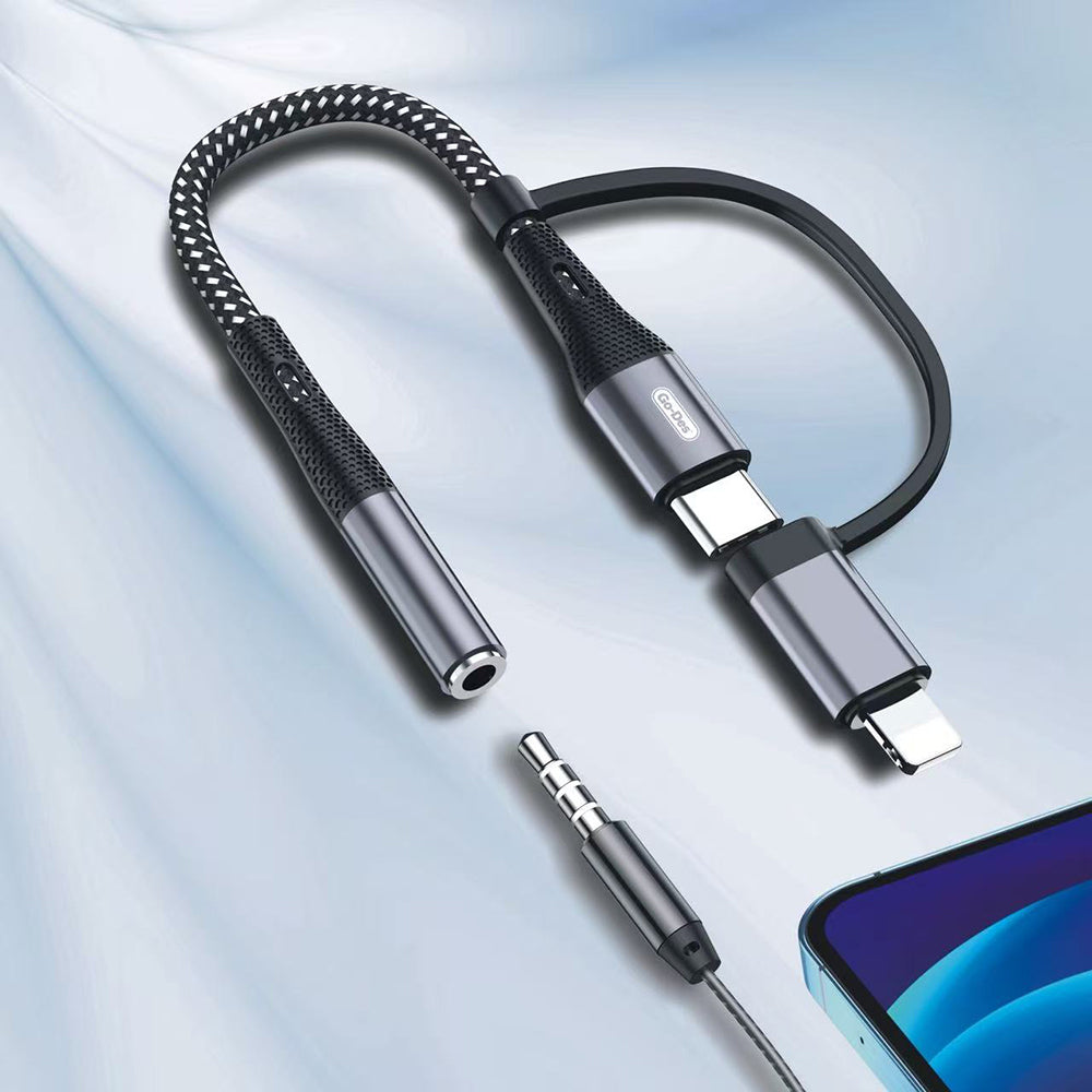 Go-Des GD-UC173 3.5mm Jack Girişli Type-C ve Lightning 2in1 Ses Kablosu Siyah