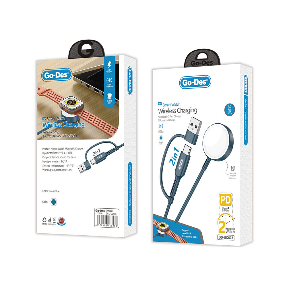 Go Des GD-UC608 Watch Serisi Akıllı Saat Wireless 2 in 1 PD - Usb Hızlı Şarj Kablosu Royal Mavi