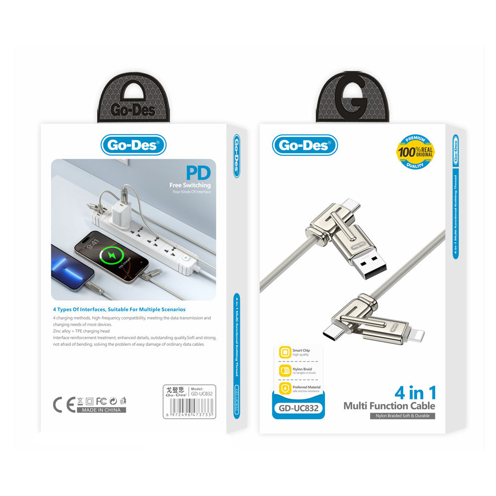 Go Des GD-UC832 4in1 PD Çoklu USB-A + Type-C to Type-C + Lightning Şarj ve Data Kablosu