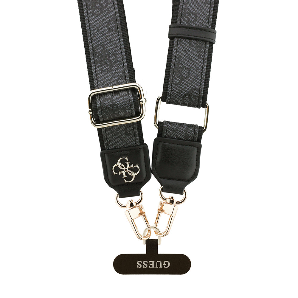 Guess Orjinal Lisanslı 4G Desen ve Metal Logolu Çapraz Vücut Telefon Askı Kayışı 150cm Siyah