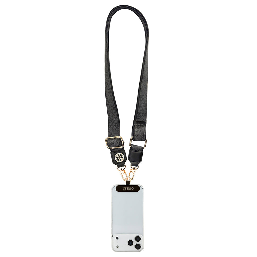 Guess Orjinal Lisanslı Taşlı 4G Metal Logolu Çapraz Vücut Telefon Askı Kayışı 150cm Siyah