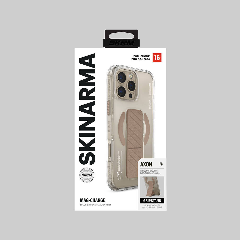 iPhone 16 Pro Kılıf Magsafe Şarj Özellikli Teknoloji Desenli Standlı Skinarma Axon Kılıf Gold