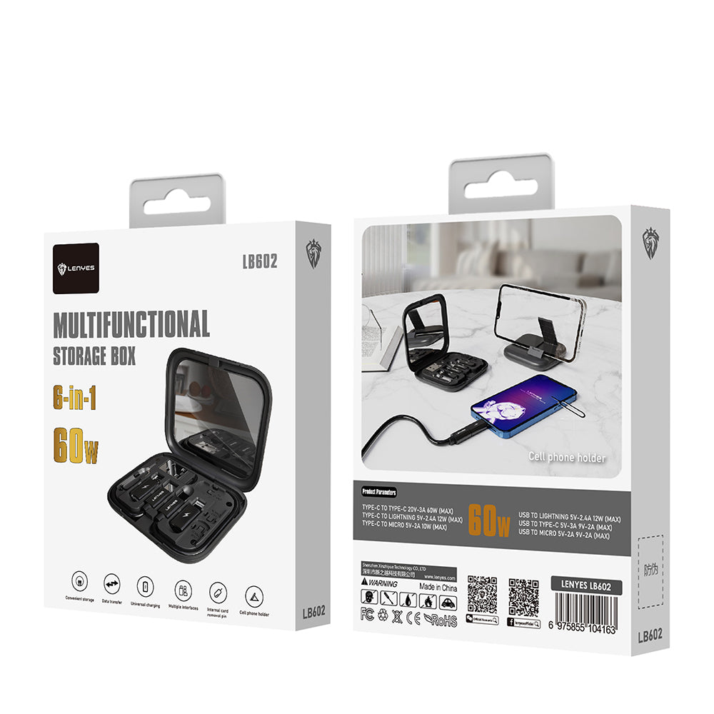 Lenyes LB602 6in1 Type-C to Type-C Kablolu 60W Çevirici Adaptör Seti Standlı Saklama Kutusu Siyah