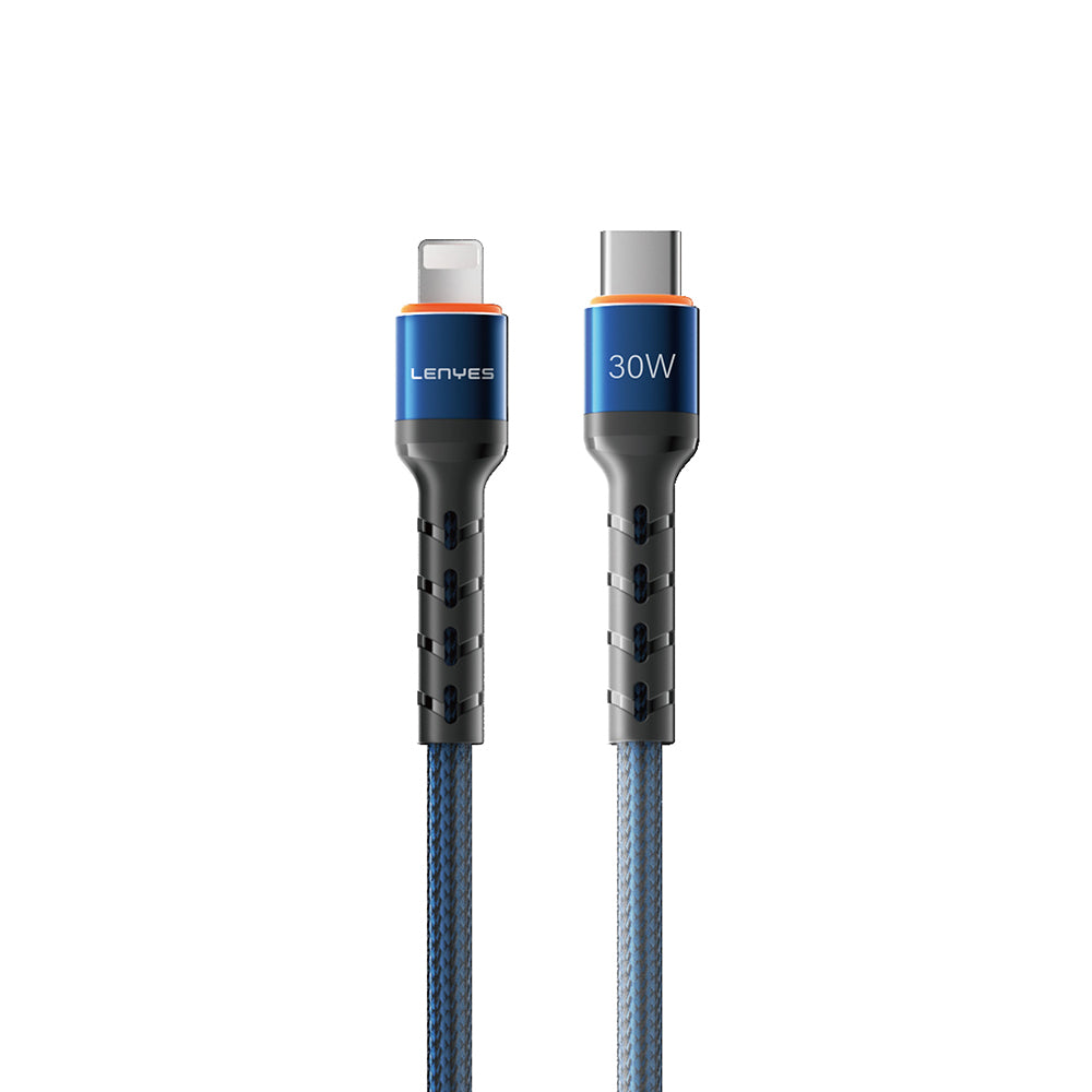 Lenyes LC515 Type-C to Lightning Hızlı Şarj Özellikli Örgülü Data ve Şarj Kablosu 30W 1M Mavi