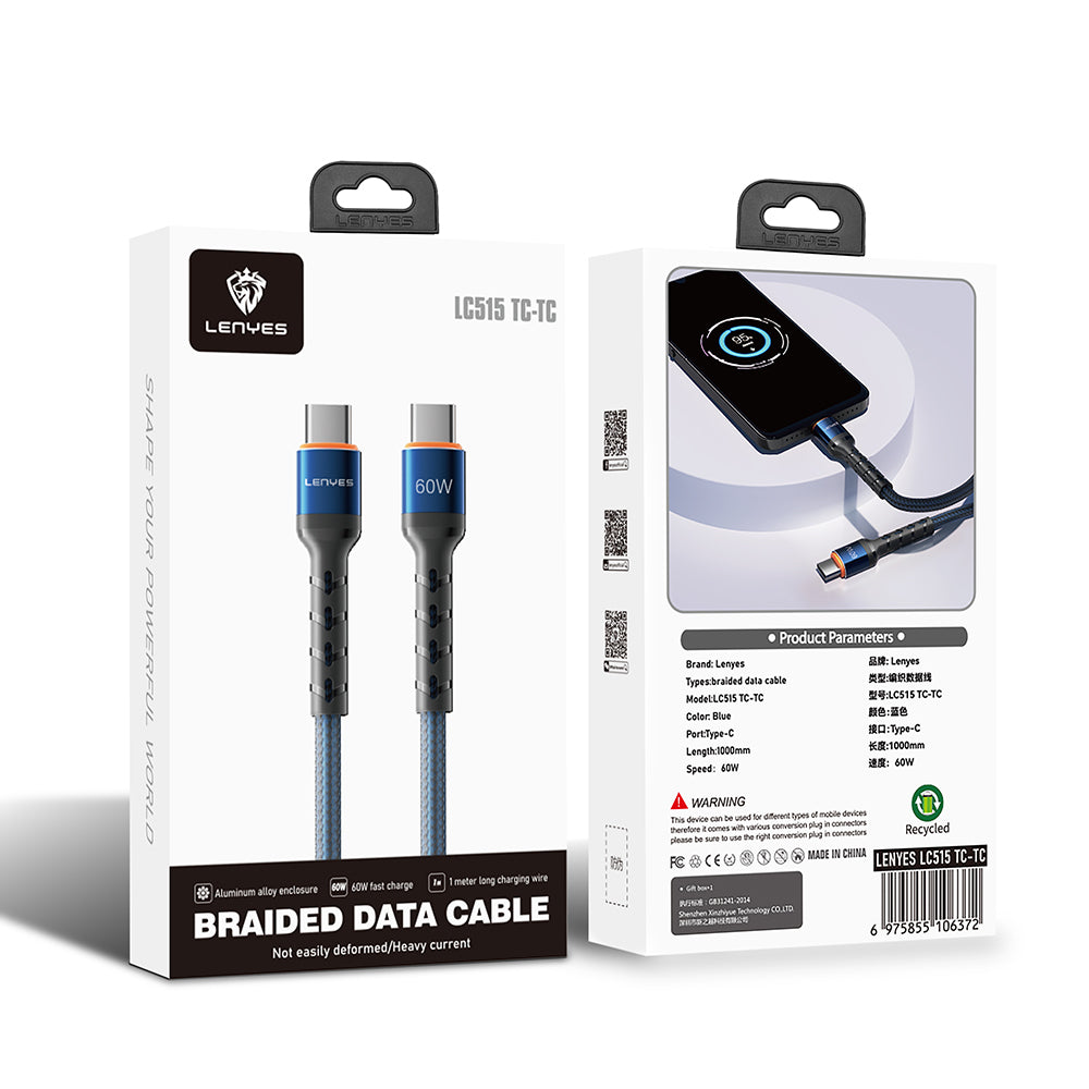 Lenyes LC515 Type-C to Type-C Hızlı Şarj Özellikli Örgülü Data ve Şarj Kablosu 60W 1M Mavi