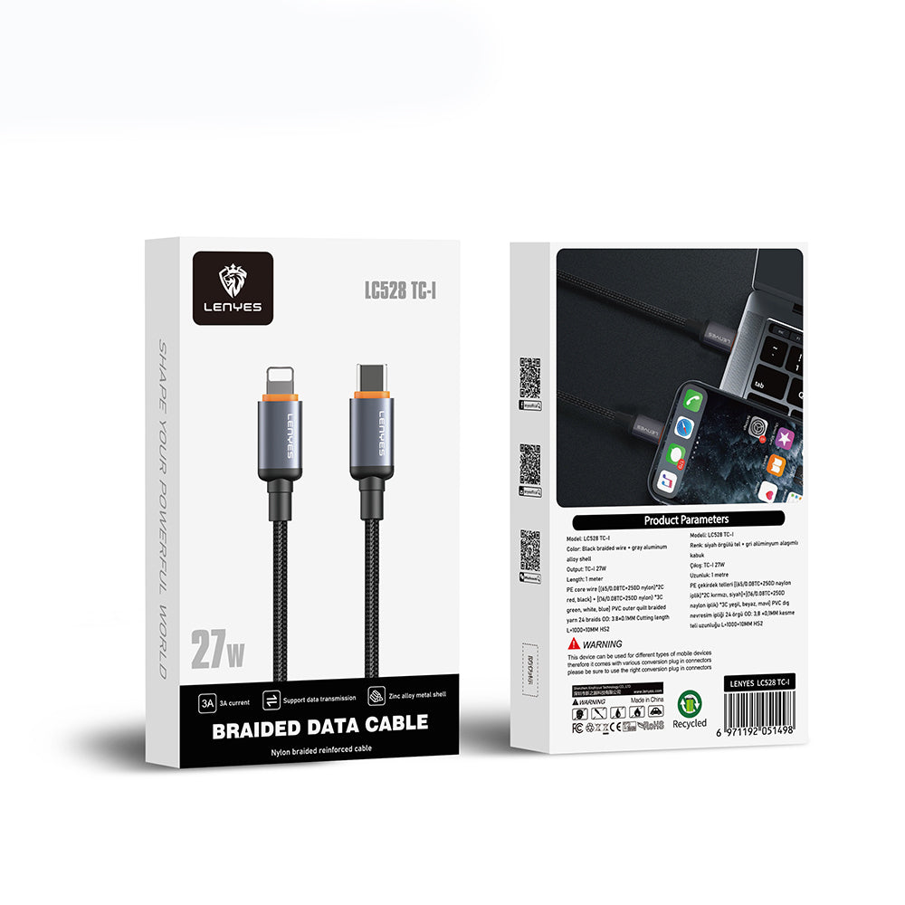 Lenyes LC528 Type-C to Lightning Hızlı Şarj Özellikli Örgülü Data ve Şarj Kablosu 27W 1M Siyah