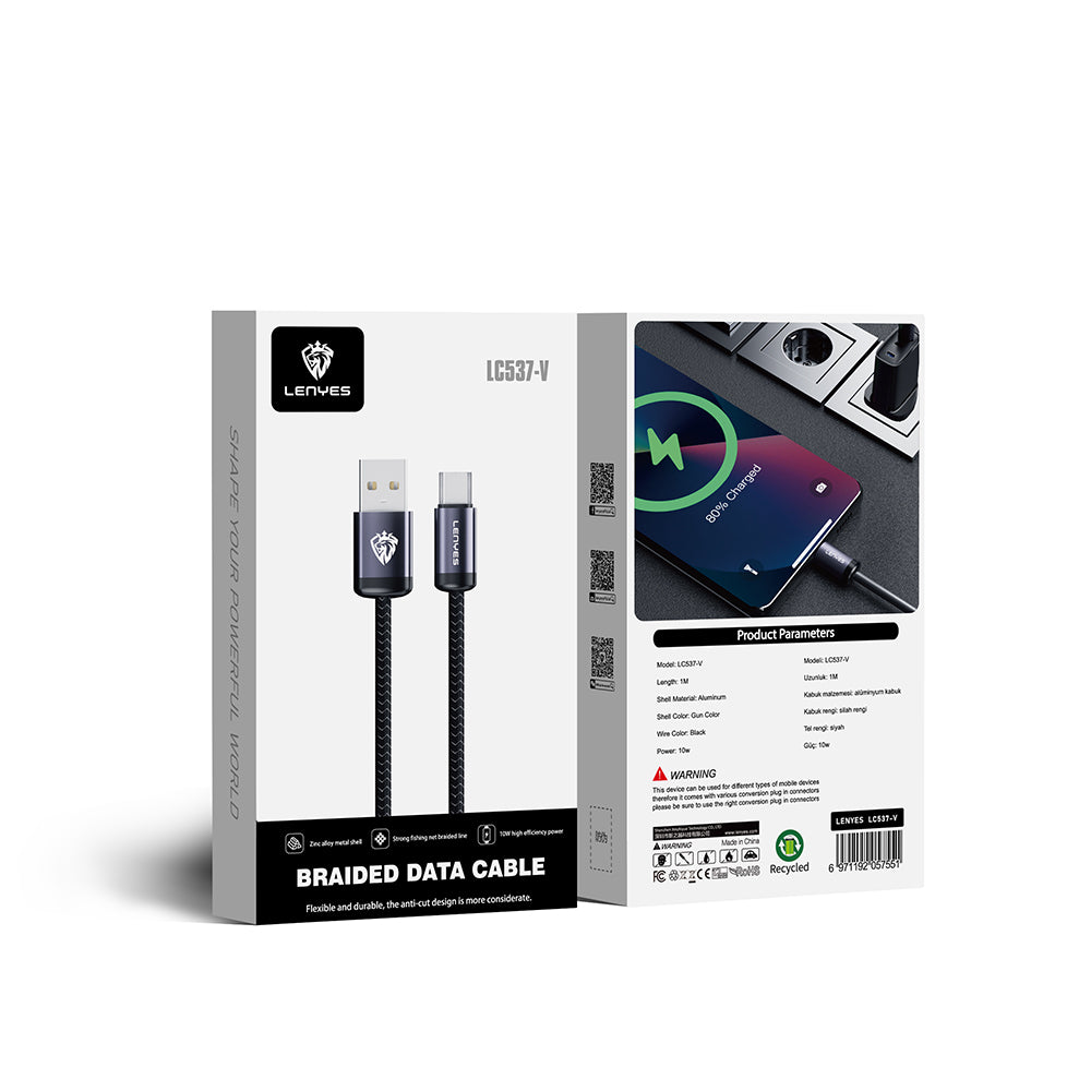 Lenyes LC537 USB-A to Micro Hızlı Şarj Özellikli Örgülü Data ve Şarj Kablosu 10W 1M Siyah