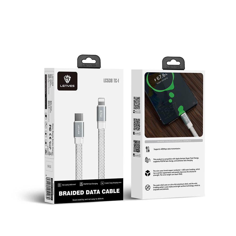 Lenyes LC538 Type-C to Lightning Hızlı Şarj Özellikli 48D Aramid Fiber Örgü Tasarımlı Data ve Şarj Kablosu 27W 1M Beyaz