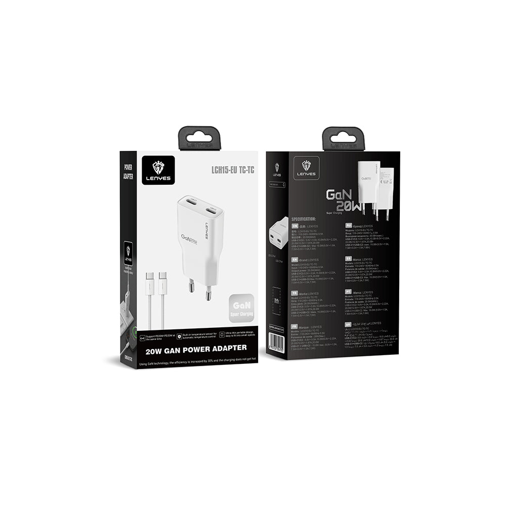Lenyes LCH15-EU TC-TC Type-C to Type-C GaN Teknolojili PD Hızlı Şarj Özellikli Şarj Seti 20W Beyaz