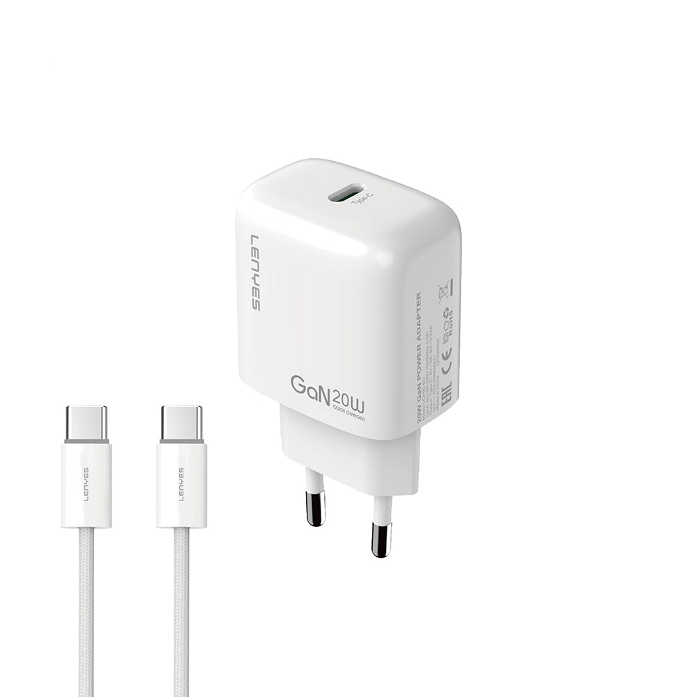 Lenyes LCH90-TC-TC Type-C to Type-C GaN Teknolojili PD Hızlı Şarj Özellikli Şarj Seti 20W Beyaz