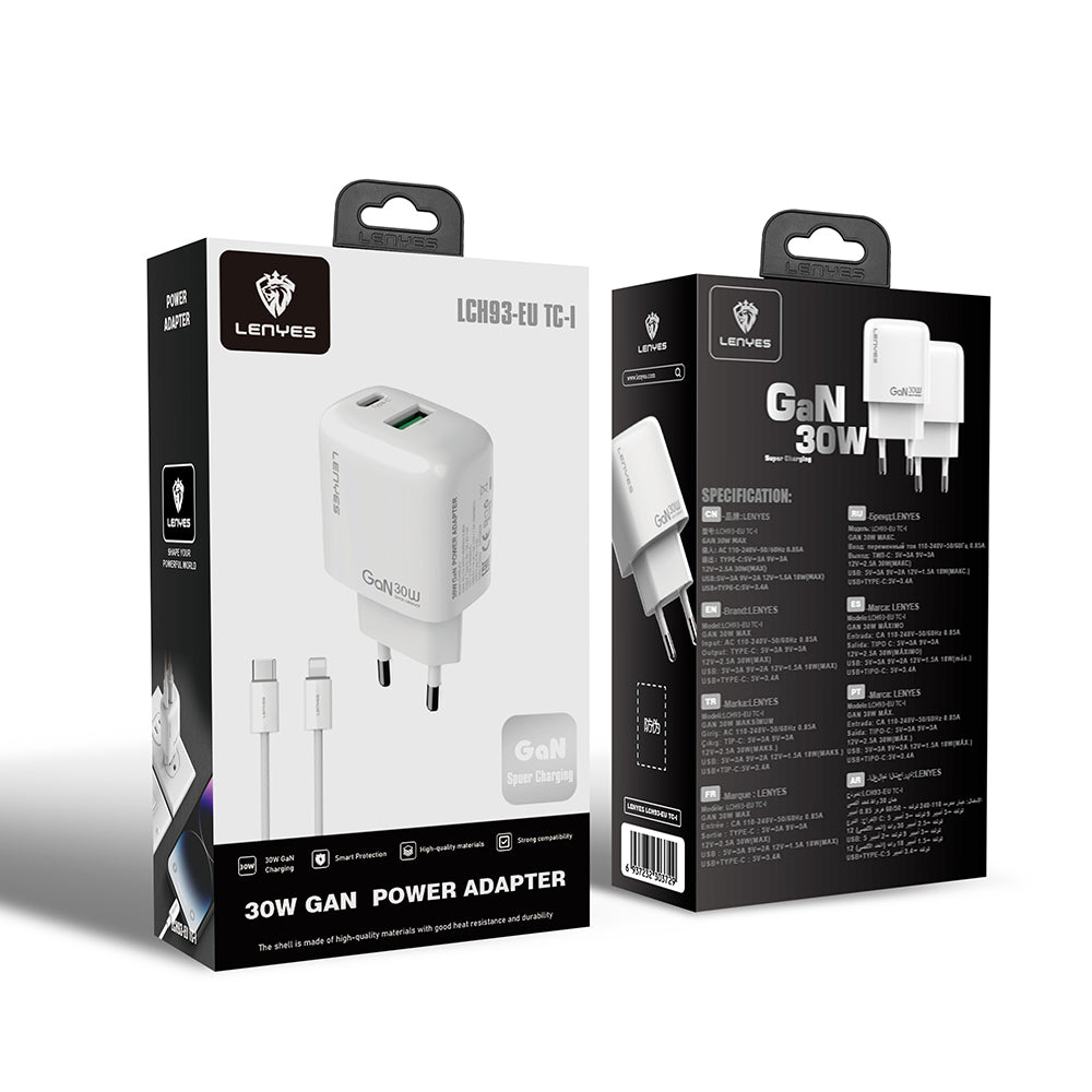 Lenyes LCH93-TC-L Type-C to Lightning GaN Teknolojili PD ve USB Hızlı Şarj Özellikli Şarj Seti 30W Beyaz