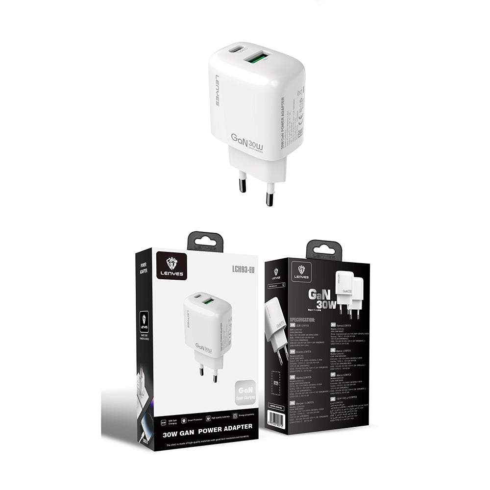 Lenyes LCH93 Type-C ve USB GaN Teknolojili PD Hızlı Şarj Özellikli Şarj Başlığı 30W Beyaz