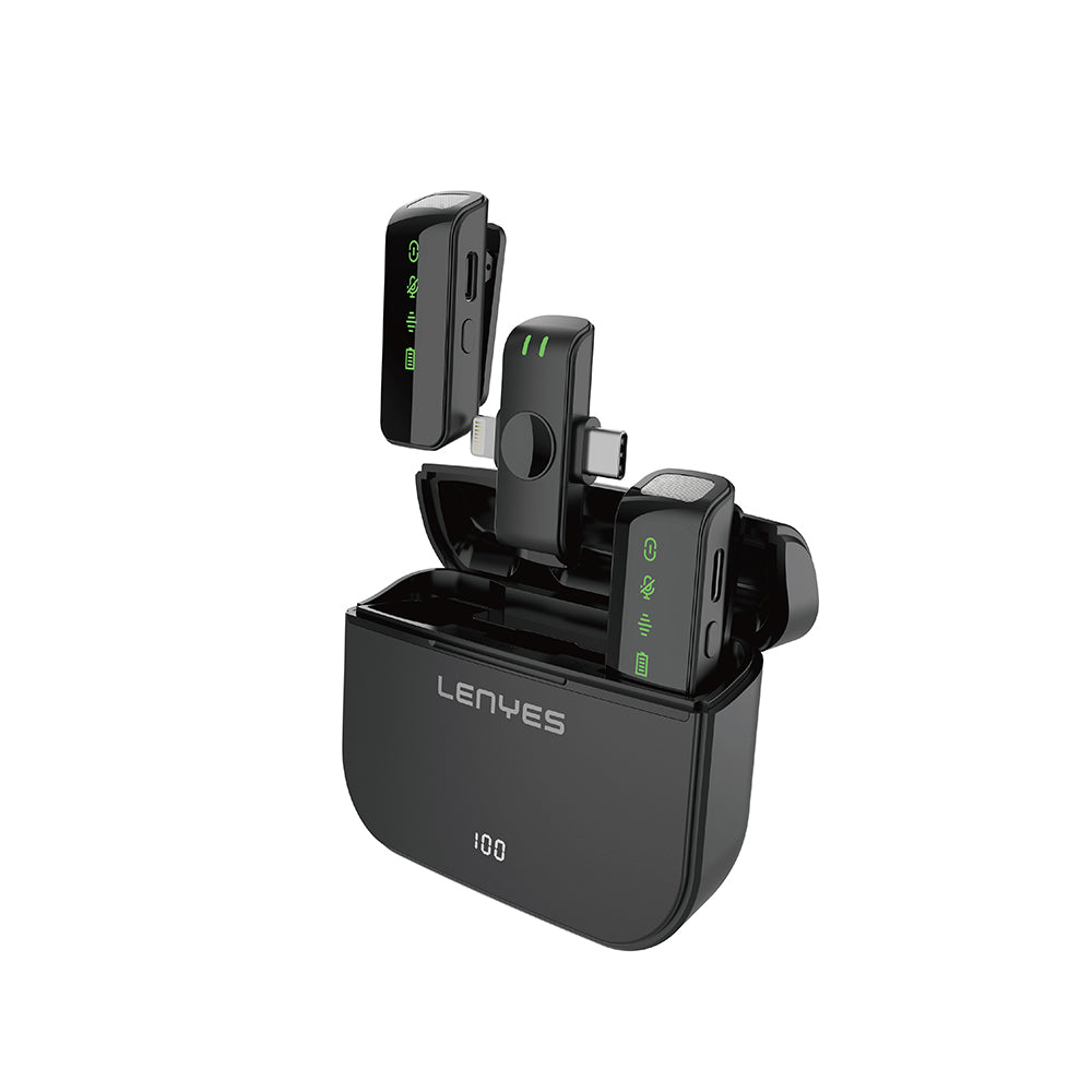 Lenyes LM203 2in1 Type-C ve Lightning Portlu Kablosuz Yaka Mikrofonu Siyah