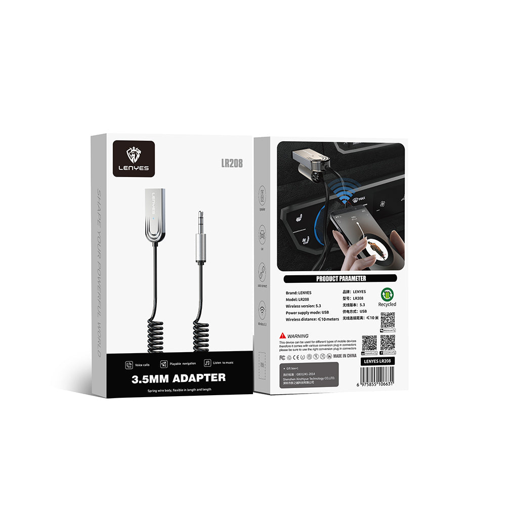 Lenyes LR208 Spiral Kablo Tasarımlı Dahili Mikrofonlu Kablosuz Ses Alıcı AUX Bluetooth v5.3 Adaptör Gümüş