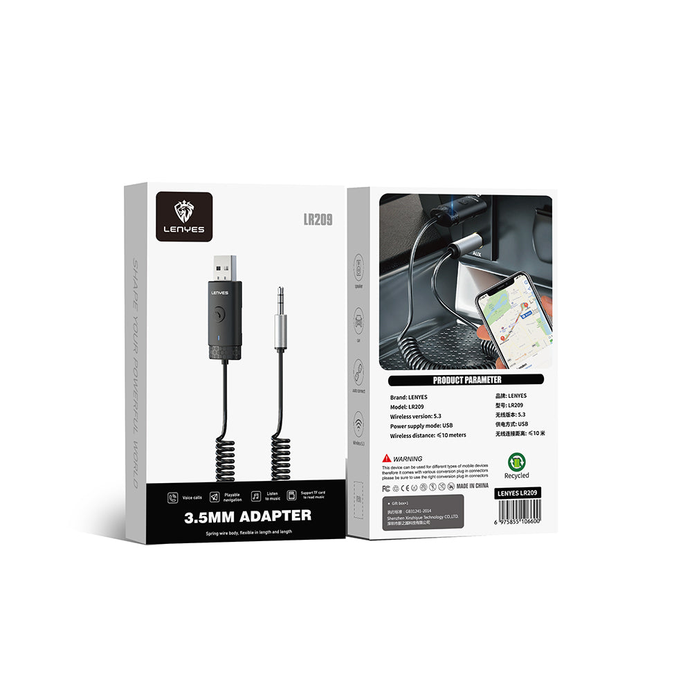 Lenyes LR209 Spiral Kablo Tasarımlı Dahili Mikrofonlu Kablosuz Ses Alıcı AUX Bluetooth v5.3 Adaptör Siyah