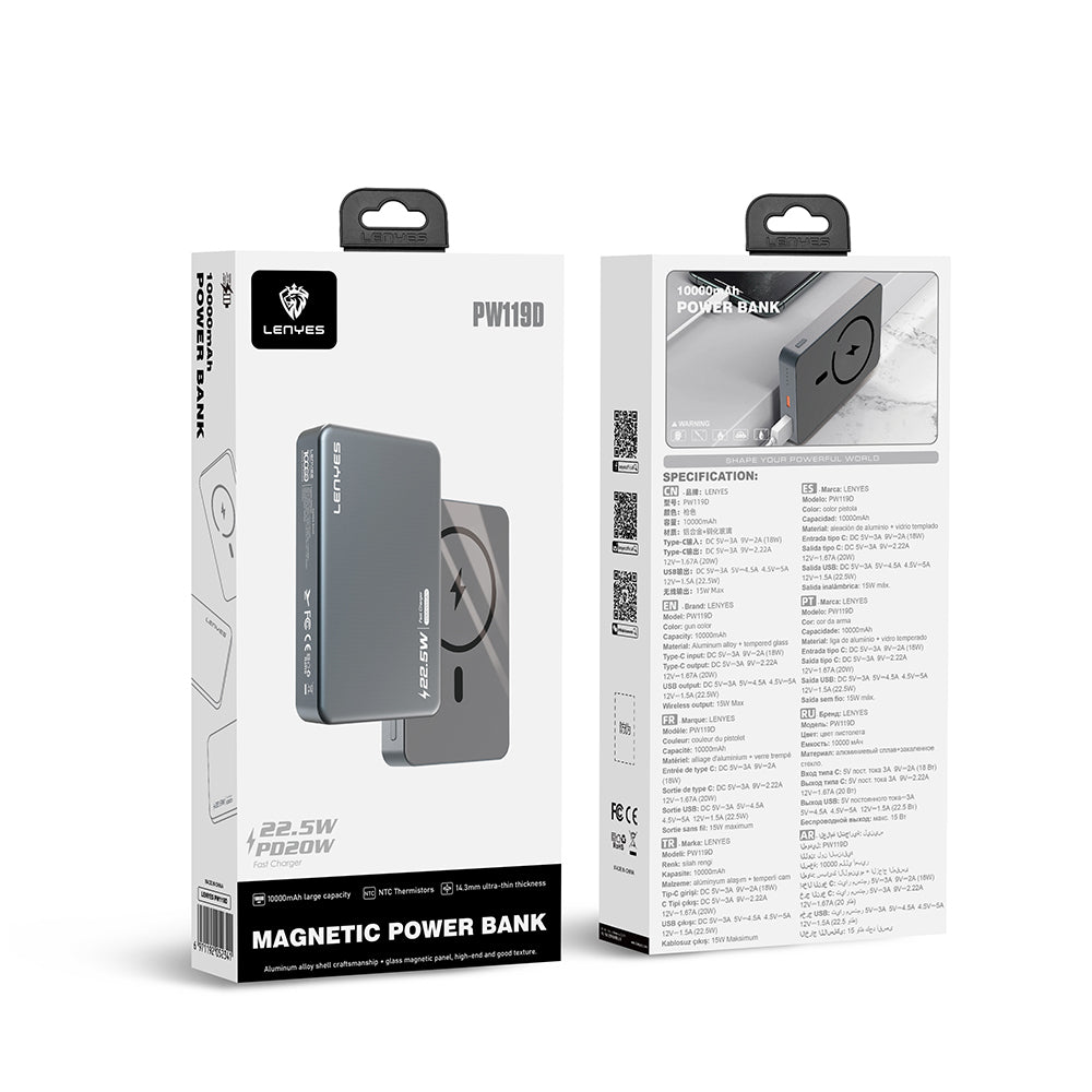 Lenyes PW119D PD 20W Ultra İnce Hızlı Şarj Özellikli Wireless Powerbank 15W 10.000mAh Gold