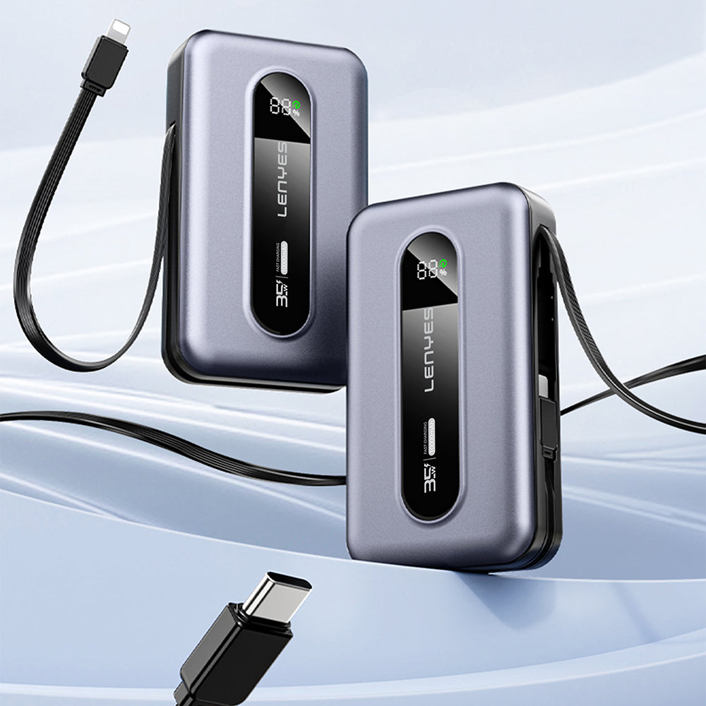 Lenyes PX1002D Dijital LED Göstergeli Teleskopik Type-C ve Lightning Kablolu Powerbank 35W 10.000mAh Gri
