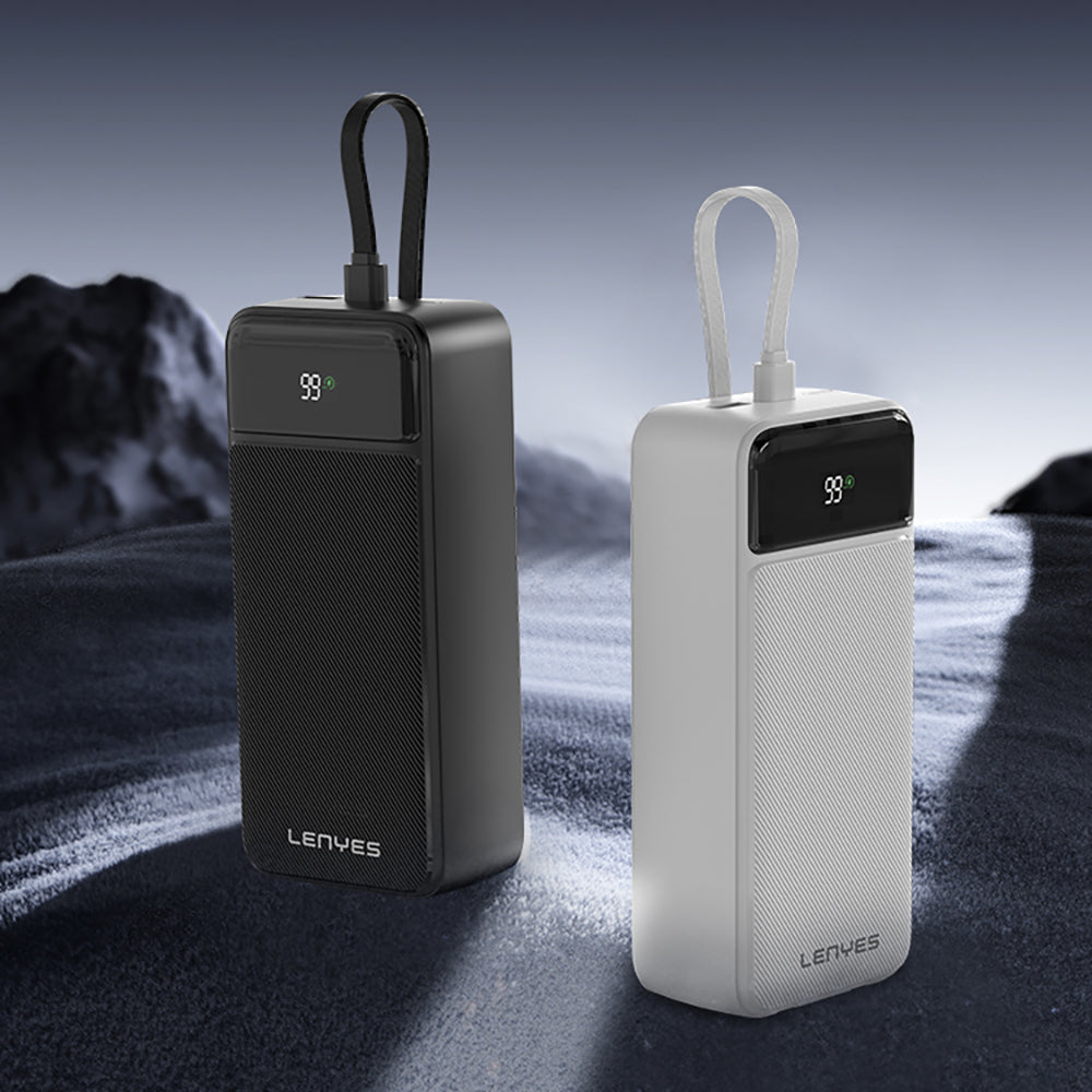 Lenyes PX355D Dijital LED Ekranlı Type-C ve Lightning Kablolu Powerbank 22.5W 30.000mAh Siyah