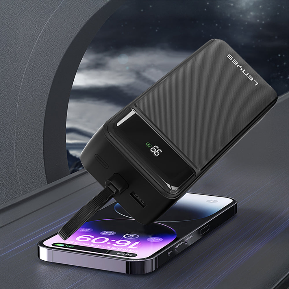 Lenyes PX355D Dijital LED Ekranlı Type-C ve Lightning Kablolu Powerbank 22.5W 30.000mAh Siyah