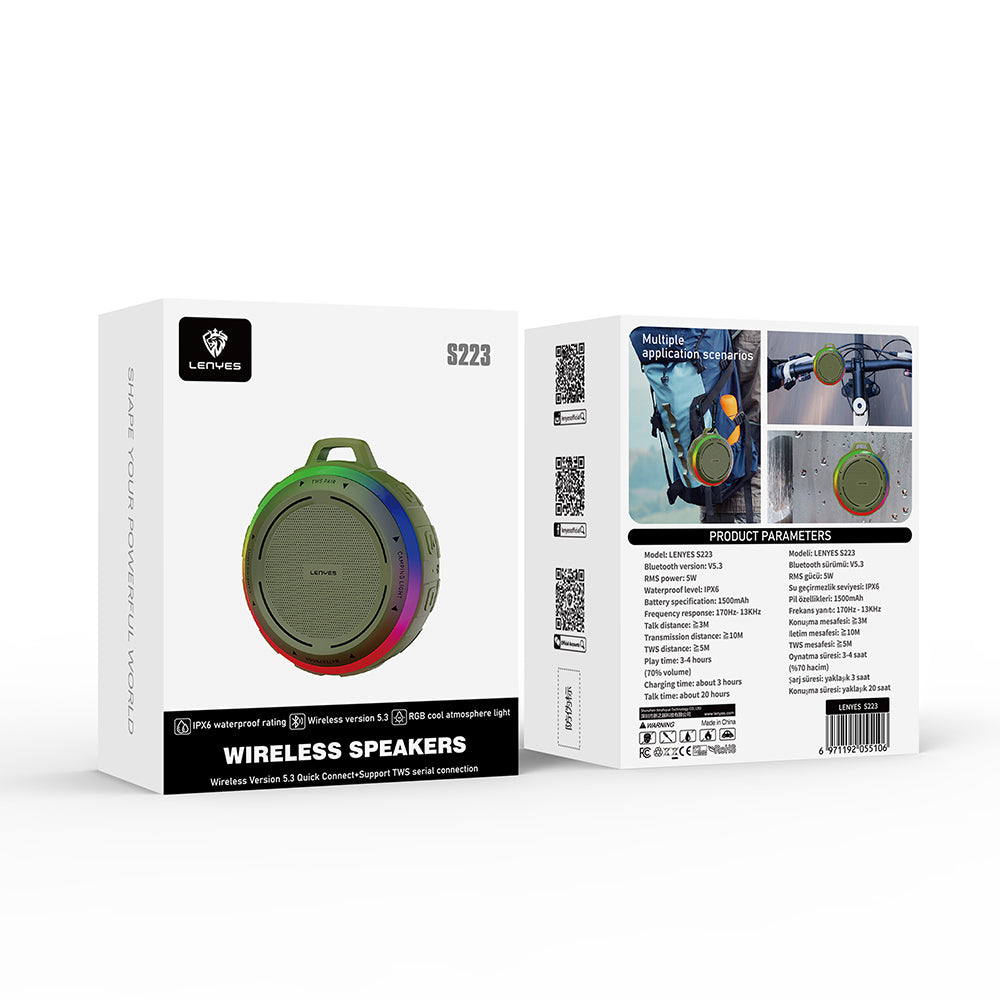 Lenyes S223 RGB Işıklı Askı Aparatlı Mini Bluetooth Speaker Hoparlör v5.3 Yeşil