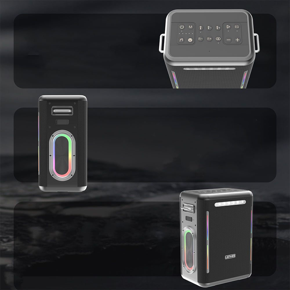 Lenyes S837 RGB Led Işıklı Bluetooth Speaker Hoparlör ve Karaoke Bluetooth Çift Mikrofon v5.0 Siyah