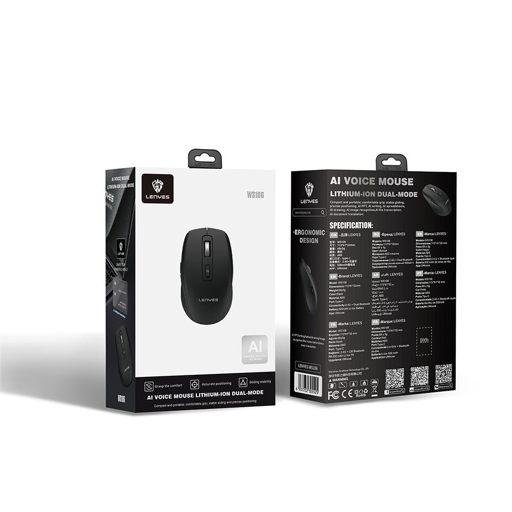 Lenyes WS106 Yapay Zeka Destekli Ergonomik Çift Bluetooth Bağlantılı 2.4G Kablosuz Mouse 1200 DPI Siyah