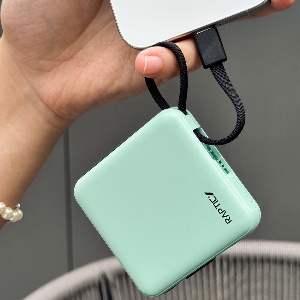 Raptic Lightning ve Type-C Kablolu Dijital LED Göstergeli Askılı Powerbank 5000mAh Kompakt ve Taşınabilir Tasarım Yeşil
