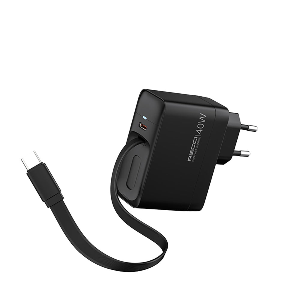 Recci RC102E GaN Teknolojili Hızlı Şarj Başlığı USB-A to Type-C PD 40W Type-C Kablolu Şarj Seti Siyah