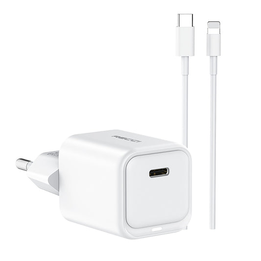 Recci RC65E Hızlı Şarj Başlığı Type-C to Lightning PD 20W Kablolu Şarj Seti Beyaz